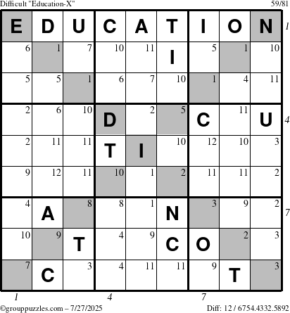 The grouppuzzles.com Difficult Education-X puzzle for Sunday July 27, 2025, suitable for printing, with all 12 steps marked