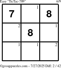 The grouppuzzles.com Easy TicTac-789 puzzle for Sunday July 27, 2025 with the first 2 steps marked