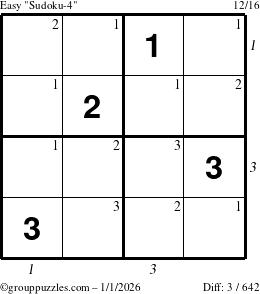 The grouppuzzles.com Easy Sudoku-4 puzzle for Thursday January 1, 2026, suitable for printing, with all 3 steps marked