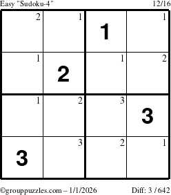 The grouppuzzles.com Easy Sudoku-4 puzzle for Thursday January 1, 2026 with the first 3 steps marked