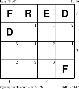 The grouppuzzles.com Easy Fred puzzle for Thursday January 1, 2026 with all 3 steps marked