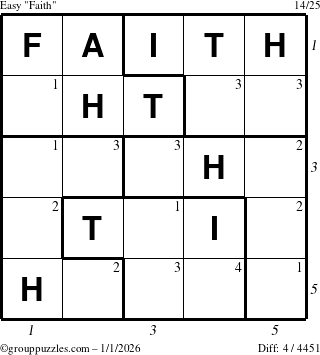 The grouppuzzles.com Easy Faith puzzle for Thursday January 1, 2026, suitable for printing, with all 4 steps marked