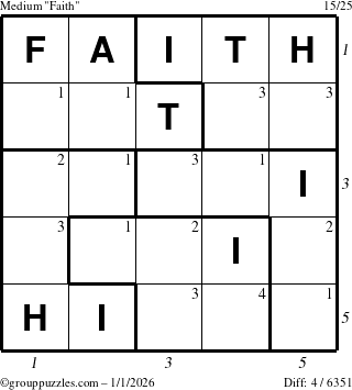 The grouppuzzles.com Medium Faith puzzle for Thursday January 1, 2026, suitable for printing, with all 4 steps marked
