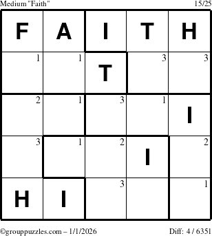 The grouppuzzles.com Medium Faith puzzle for Thursday January 1, 2026 with the first 3 steps marked