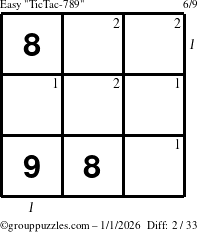 The grouppuzzles.com Easy TicTac-789 puzzle for Thursday January 1, 2026, suitable for printing, with all 2 steps marked