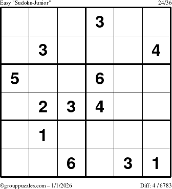 The grouppuzzles.com Easy Sudoku-Junior puzzle for Thursday January 1, 2026