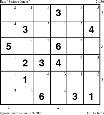 The grouppuzzles.com Easy Sudoku-Junior puzzle for Thursday January 1, 2026 with all 4 steps marked