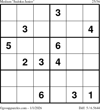 The grouppuzzles.com Medium Sudoku-Junior puzzle for Thursday January 1, 2026