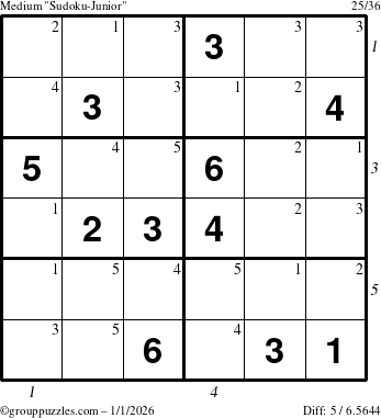 The grouppuzzles.com Medium Sudoku-Junior puzzle for Thursday January 1, 2026 with all 5 steps marked