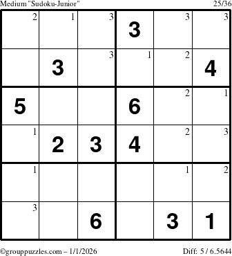 The grouppuzzles.com Medium Sudoku-Junior puzzle for Thursday January 1, 2026 with the first 3 steps marked