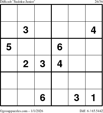 The grouppuzzles.com Difficult Sudoku-Junior puzzle for Thursday January 1, 2026
