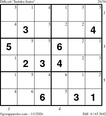 The grouppuzzles.com Difficult Sudoku-Junior puzzle for Thursday January 1, 2026, suitable for printing, with all 6 steps marked