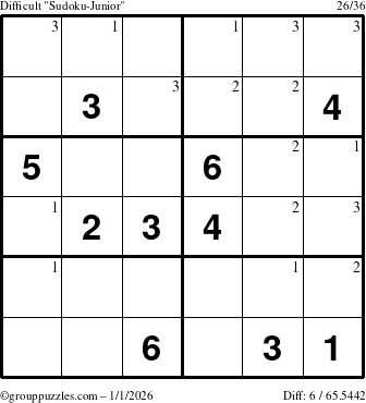 The grouppuzzles.com Difficult Sudoku-Junior puzzle for Thursday January 1, 2026 with the first 3 steps marked