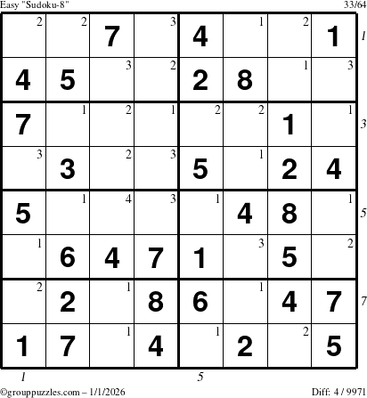 The grouppuzzles.com Easy Sudoku-8 puzzle for Thursday January 1, 2026 with all 4 steps marked