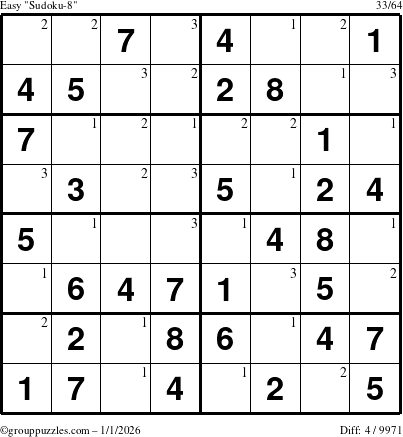 The grouppuzzles.com Easy Sudoku-8 puzzle for Thursday January 1, 2026 with the first 3 steps marked