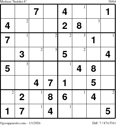 The grouppuzzles.com Medium Sudoku-8 puzzle for Thursday January 1, 2026 with the first 3 steps marked