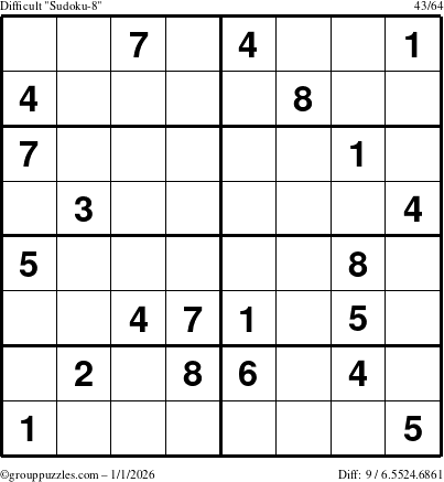 The grouppuzzles.com Difficult Sudoku-8 puzzle for Thursday January 1, 2026