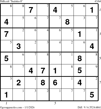 The grouppuzzles.com Difficult Sudoku-8 puzzle for Thursday January 1, 2026, suitable for printing, with all 9 steps marked