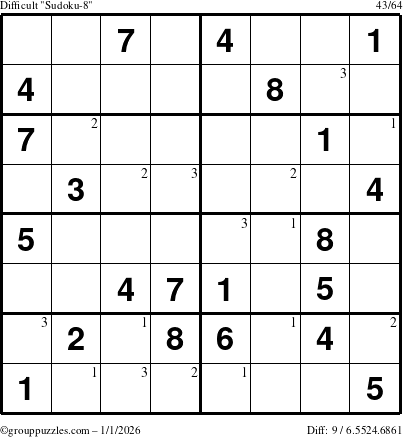 The grouppuzzles.com Difficult Sudoku-8 puzzle for Thursday January 1, 2026 with the first 3 steps marked
