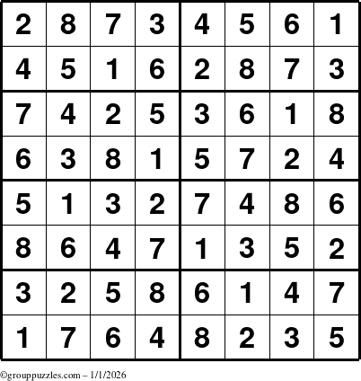 The grouppuzzles.com Answer grid for the Sudoku-8 puzzle for Thursday January 1, 2026
