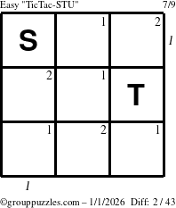 The grouppuzzles.com Easy TicTac-STU puzzle for Thursday January 1, 2026 with all 2 steps marked