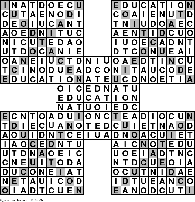The grouppuzzles.com Answer grid for the Education-Xtreme puzzle for Thursday January 1, 2026