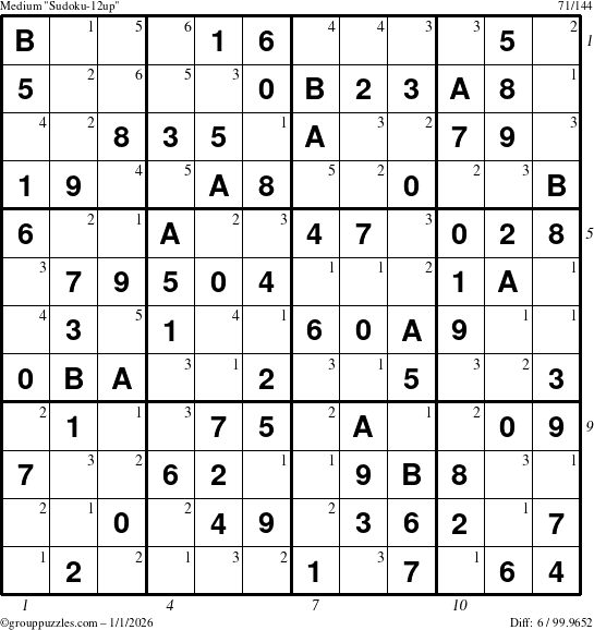The grouppuzzles.com Medium Sudoku-12up puzzle for Thursday January 1, 2026, suitable for printing, with all 6 steps marked