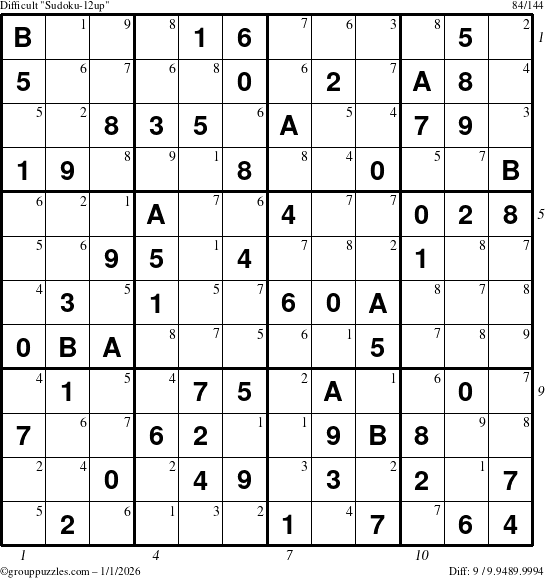 The grouppuzzles.com Difficult Sudoku-12up puzzle for Thursday January 1, 2026 with all 9 steps marked