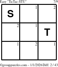 The grouppuzzles.com Easy TicTac-STU puzzle for Thursday January 1, 2026 with the first 2 steps marked