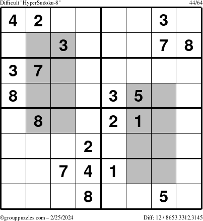 The grouppuzzles.com Difficult HyperSudoku-8 puzzle for Sunday February 25, 2024