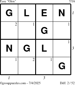 The grouppuzzles.com Easy Glen puzzle for Friday July 4, 2025 with all 2 steps marked