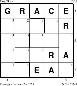 The grouppuzzles.com Easy Grace puzzle for Friday July 4, 2025, suitable for printing, with all 4 steps marked