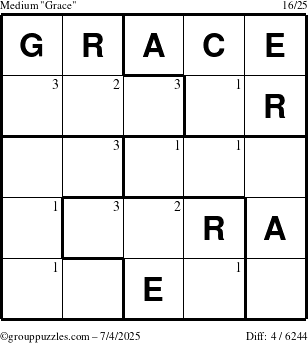 The grouppuzzles.com Medium Grace puzzle for Friday July 4, 2025 with the first 3 steps marked