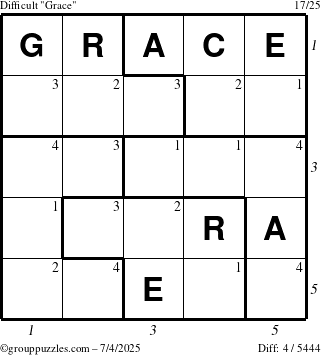 The grouppuzzles.com Difficult Grace puzzle for Friday July 4, 2025, suitable for printing, with all 4 steps marked