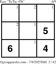The grouppuzzles.com Easy TicTac-456 puzzle for Friday July 4, 2025 with the first 2 steps marked