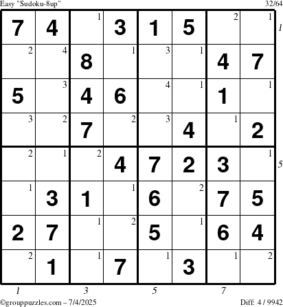 The grouppuzzles.com Easy Sudoku-8up puzzle for Friday July 4, 2025, suitable for printing, with all 4 steps marked