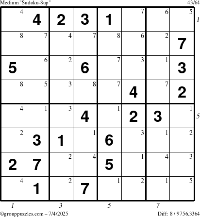 The grouppuzzles.com Medium Sudoku-8up puzzle for Friday July 4, 2025 with all 8 steps marked