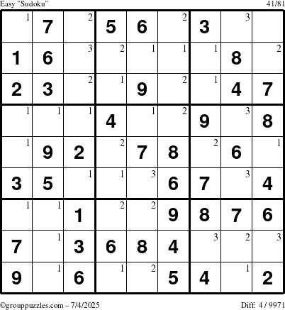 The grouppuzzles.com Easy Sudoku puzzle for Friday July 4, 2025 with the first 3 steps marked