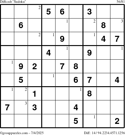 The grouppuzzles.com Difficult Sudoku puzzle for Friday July 4, 2025 with the first 3 steps marked