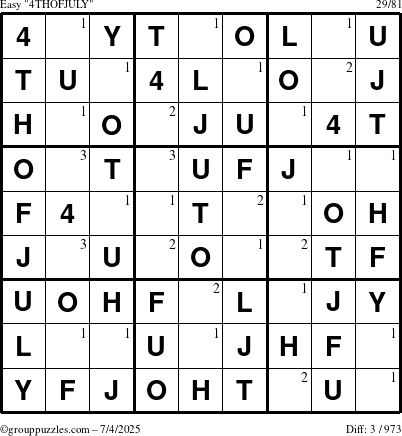 The grouppuzzles.com Easy 4THOFJULY-c1 puzzle for Friday July 4, 2025 with the first 3 steps marked