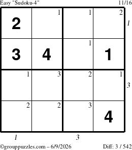 The grouppuzzles.com Easy Sudoku-4 puzzle for Tuesday June 9, 2026, suitable for printing, with all 3 steps marked