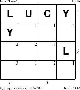 The grouppuzzles.com Easy Lucy puzzle for Tuesday June 9, 2026, suitable for printing, with all 3 steps marked
