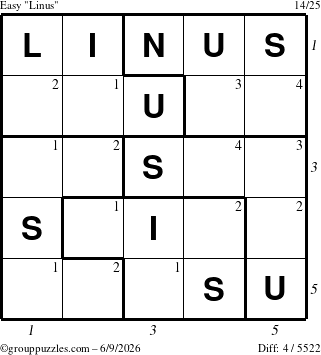 The grouppuzzles.com Easy Linus puzzle for Tuesday June 9, 2026 with all 4 steps marked