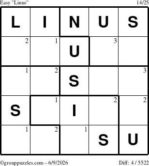 The grouppuzzles.com Easy Linus puzzle for Tuesday June 9, 2026 with the first 3 steps marked