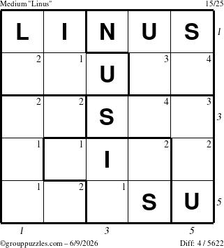 The grouppuzzles.com Medium Linus puzzle for Tuesday June 9, 2026, suitable for printing, with all 4 steps marked