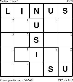The grouppuzzles.com Medium Linus puzzle for Tuesday June 9, 2026 with the first 3 steps marked