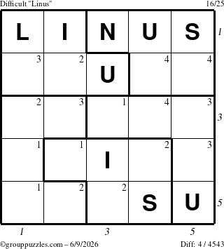 The grouppuzzles.com Difficult Linus puzzle for Tuesday June 9, 2026, suitable for printing, with all 4 steps marked