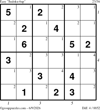 The grouppuzzles.com Easy Sudoku-6up puzzle for Tuesday June 9, 2026 with all 4 steps marked