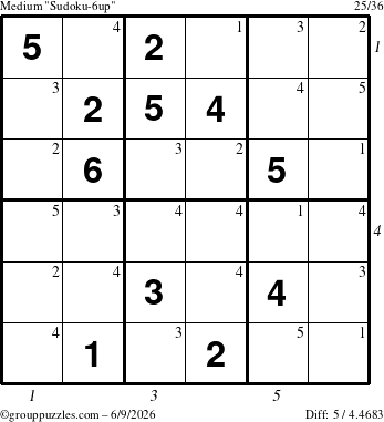 The grouppuzzles.com Medium Sudoku-6up puzzle for Tuesday June 9, 2026 with all 5 steps marked