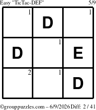The grouppuzzles.com Easy TicTac-DEF puzzle for Tuesday June 9, 2026 with the first 2 steps marked
